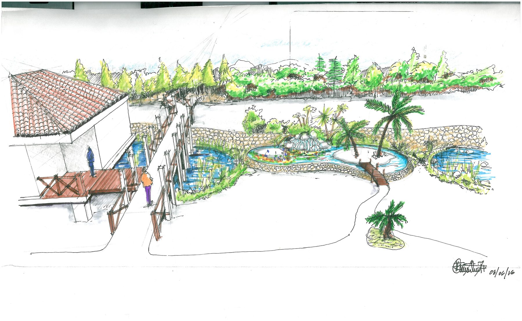 Hand-rendered concept sketch of a water garden and pergola deck