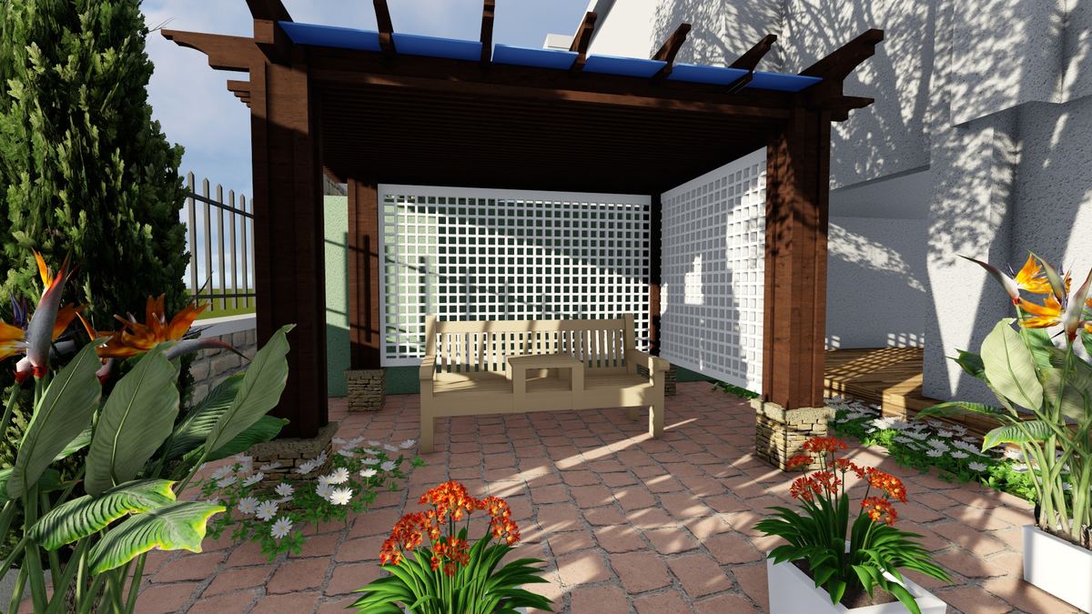Pergola seating area with lattice screens in a Nairobi residential garden